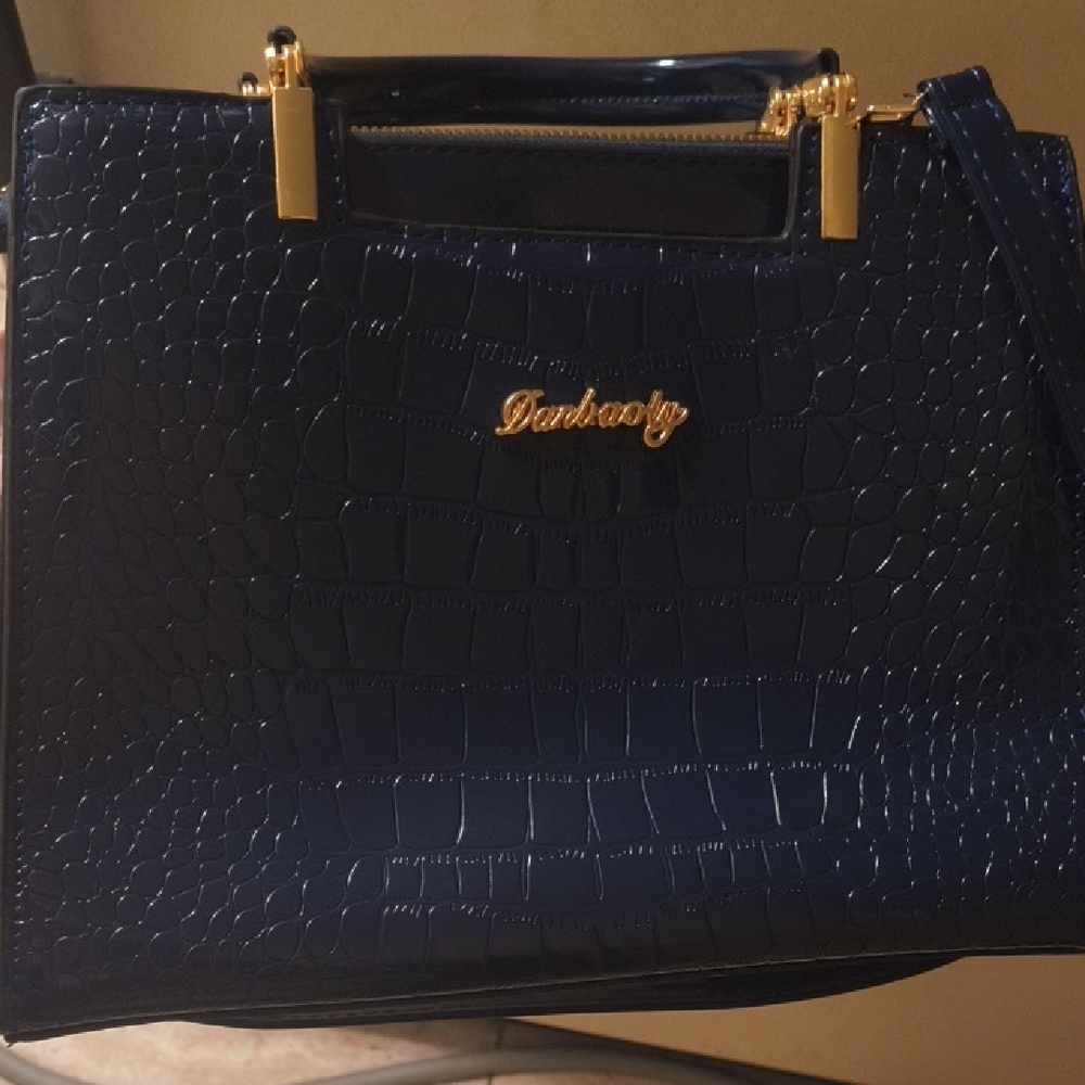 Navy Blue Crocodile Pattern Handbag